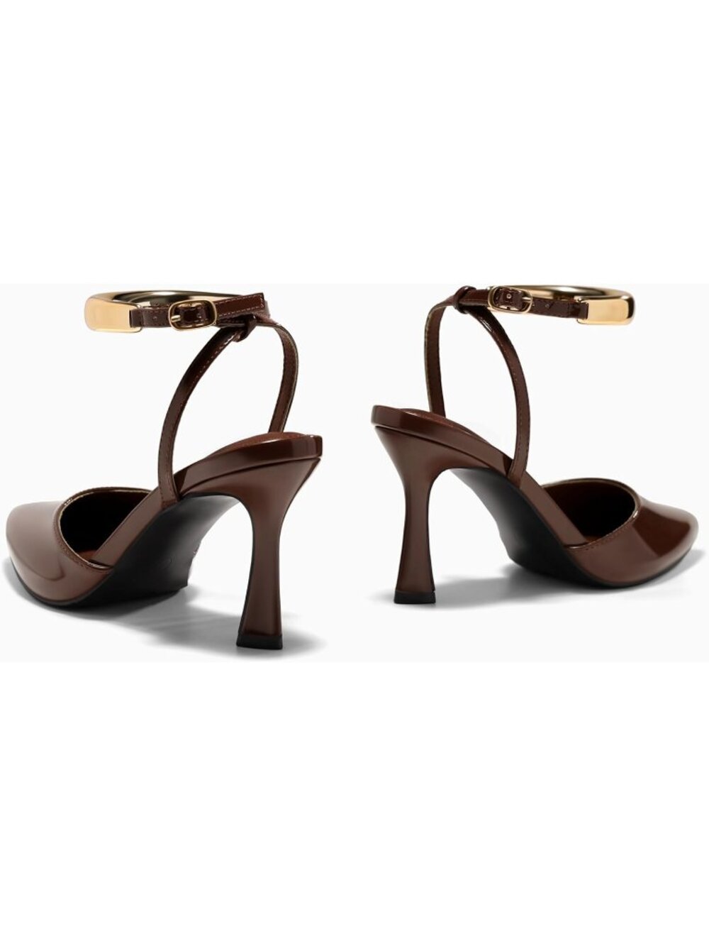 Women's Coffee Strappy High Heel Closed Pointed Toe Pumps Ankle Strap Metal Shoe - Picture 5 of 5